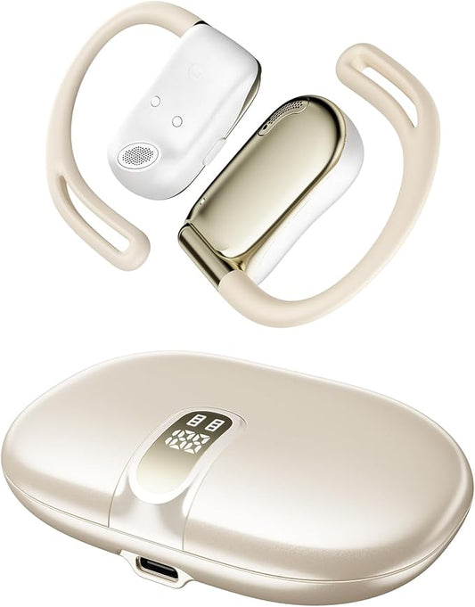 Open Ear Headphones, 0.28oz Lightweight Next-Gen Bluetooth 5.4 Air Conduction Wireless Earbuds w/Extra Bass, 48H Playtime, 3 EQ Modes, ENC Mic, IPX5, Snug Fit for Workout Running Beige