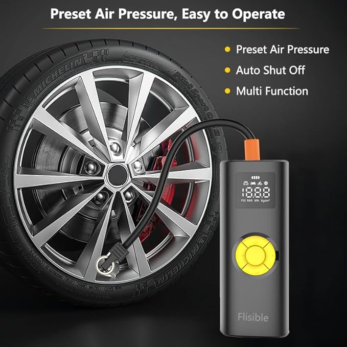 Air Compressor Portable Tire Inflator, 9000mAh Electric Air Pump, 150PSI Bike Pump Cordless Fast Inflate with Pressure Gauge & LED Light & LCD Display for Cars, Bikes, Balls, Motorcycles,Yellow