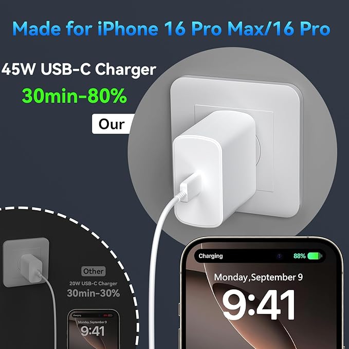 Auorld 45W Super Fast USB C Charger Block with 10FT Long Charging Cord Cable for Phone 16 Pro Max/16 Pro/16/16 Plus, 15 Pro Max/15 Pro/15, Android Phone - White&Blue