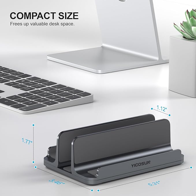 3-Slot Aluminum Vertical Laptop Stand for Desk - Adjustable Width Dock for MacBook, Surface, Samsung, HP, Dell up to 17.3 inches - Space-Saving & Protective Design - Gray