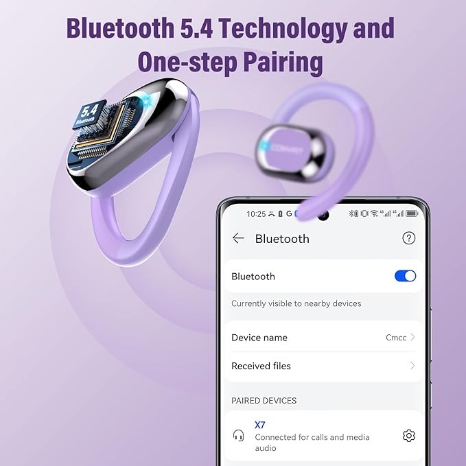 Open Ear Headphones, Wireless Bluetooth 5.4 Earbuds with Big Earhooks, Ultra-Comfort Open Ear Earbuds, 58 Hours HD Stereo Sound Over Ear Earphones, IP7 Waterproof Headset for Workouts, Purple