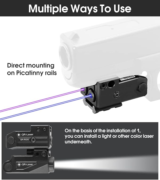 Red Green Purple Blue Laser Light Combo, 800 Lumens Tactical Flashlight Laser Sight, Built-in USB Rechargeable Battery, Adjustable Compact Tactical LED Light Laser Beams for Handguns with a Rail