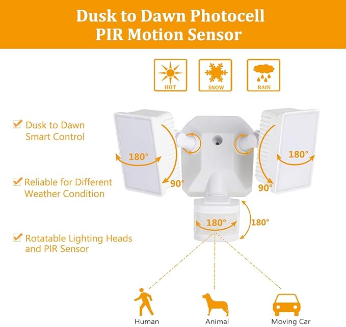 EMANER Dusk-to-Dawn Security Lights with Motion Sensor, 5000K IP65 Waterproof Outdoor, 280W Equiv. 110V 120V Dual-Head Rotatable LED Flood Light for Porch, Garage, Yard, Driveway
