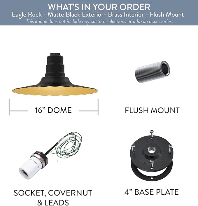 Steel Lighting Co. Eagle Rock Pendant | Ceiling Mounted Light | 16 inch Radial Wave | Flush Mount | Heavy Duty Steel Retro Farmhouse Style Made in America | Matte Black Exterior/Brass Interior