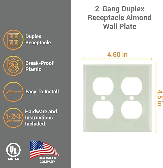 Diodesy- 2-Gang Duplex Receptacle Outlet Wall Plate Unbreakable Plastic Faceplate Cover Standard Size 4.6"H x 4.6"W with 2 Matching Metal Screws Almond Smooth Finish UL Listed Pack of 12