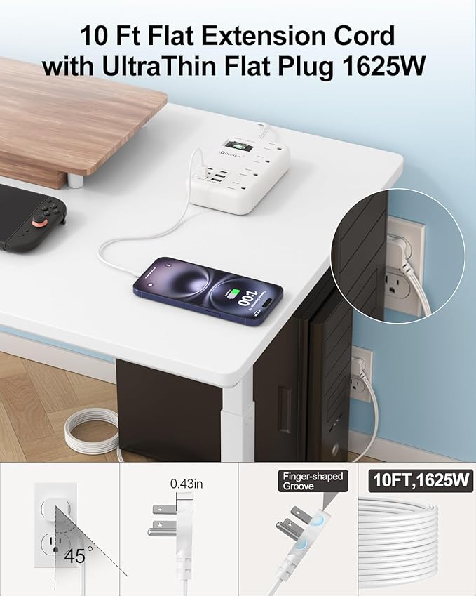6 USB(2 USB C) Surge Protector Power Strip- 10 Ft Extension Cord with 24W USB Charging Station and 4 Outlets, Long Flat Extension Cord with Multiple Outlets for Travel Home Office Dorm White