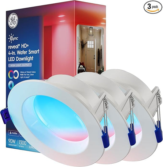 GE Cync Reveal HD+ Smart LED Wafer Downlight, Color Changing LED Downlight, 4in, Matter Compatible (3 Pack)