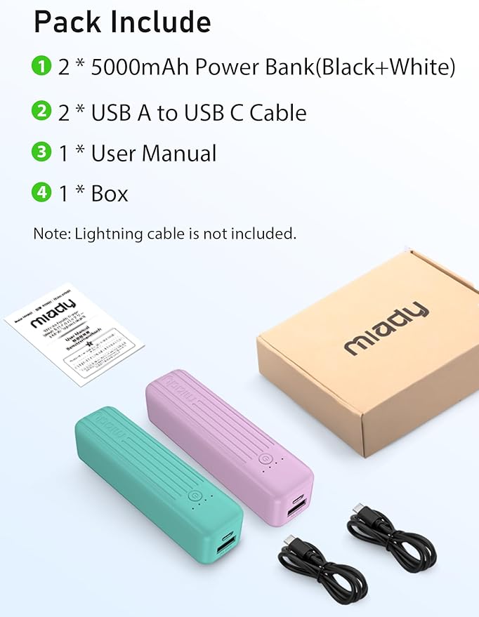 Miady 2-Pack Small Portable Charger, 5000mAh Battery Pack 3.45oz Lightweight Power Bank 5V/2.4A Output & 5V/2A Input Battery Pack Charger Mini Portable Phone Charger for iPhone, Samsung Galaxy etc