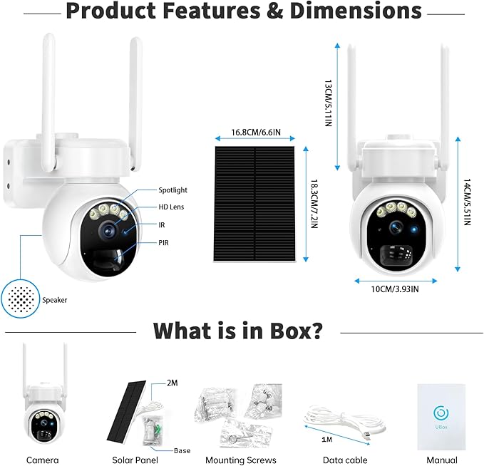 Solar Security Cameras Wireless Outdoor -4K WiFi Cameras for Home Security with Solar/Battery Powered,360° PTZ Outdoor Camera, Color Night Vision,PIR Human Detection, 2-Way Audio, Motion Alert, IP66