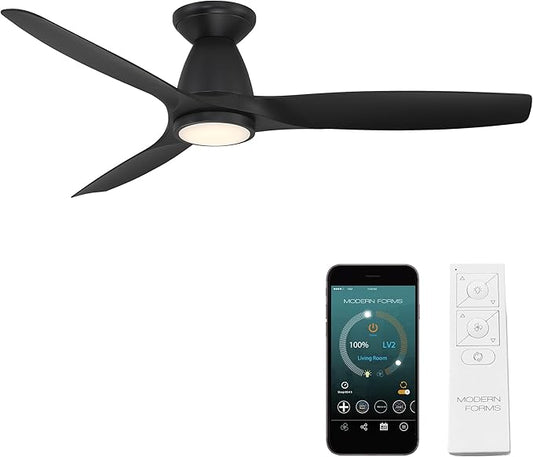 Skylark Smart Indoor and Outdoor 3-Blade Flush Mount Ceiling Fan 54in Matte Black with Adjustable CCT 2700K-3000K-4000K-5000K LED Light Kit and Remote Control works with Alexa and iOS or Android App