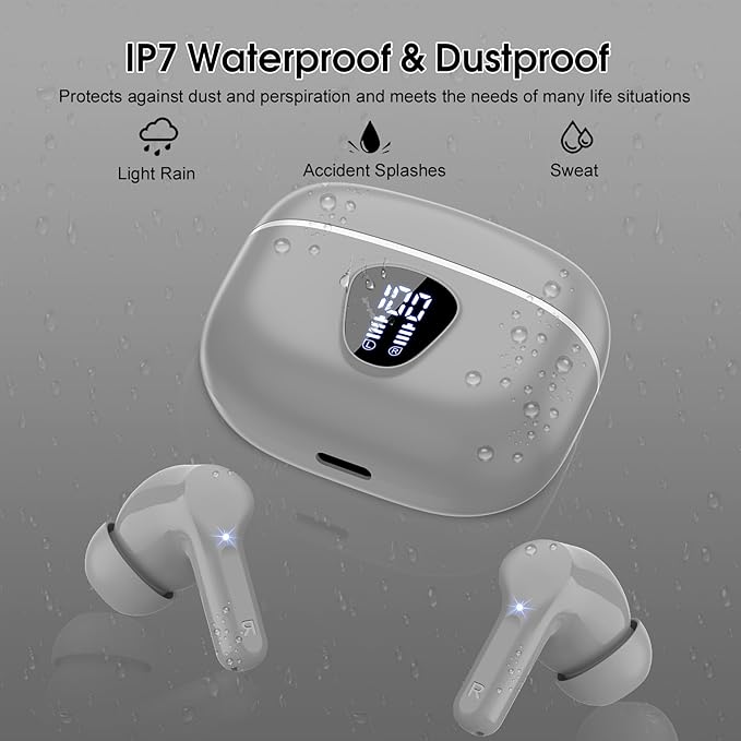 Wireless Earbuds, Bluetooth 5.4 Headphones HiFi Stereo, Bluetooth Earbuds with ENC Noise Cancelling Mic, IP7 Waterproof in Ear Earphones, 48H, LED Display Ear buds for Pad Workout Sports, Grey