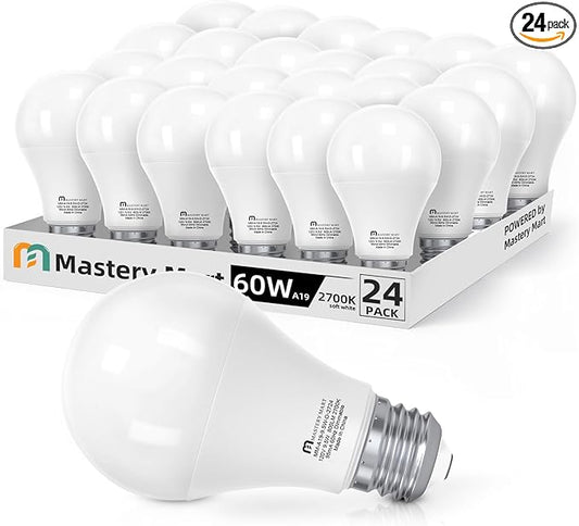 MASTERY MART 24 Pack A19 LED Bulbs 60 Watt Equivalent, 9W Non-Dimmable, Flicker-Free, 800 Lumens, Soft White 2700K, E26 Base, 10000 Hours, Energy Saving, Bright for Living Room, Bedroom