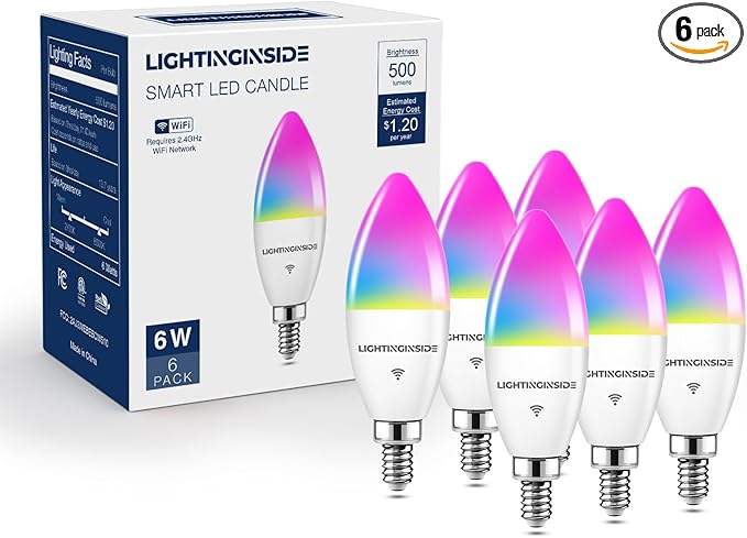 E12 Smart Light Bulbs 60W Equiv., Work with Alexa/Google Home/Smart Life, 500LM 6W RGBCW Candle Candelabra LED Light Bulbs, No Hub Required, 2.4G WiFi Bluetooth Bulb, ETL Listed, 6PCS