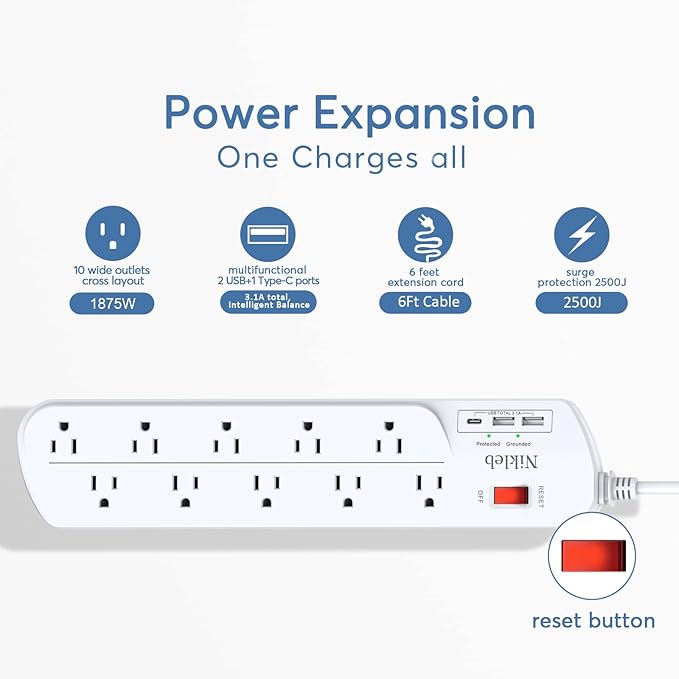 Long Power Strip, Multi Plug Outlet Extender Nikleb with 10 Outlets, Heavy Duty Extension Cord with 2 USB+1 Type C Ports, USB Plug Adapter Surge Protector for House, Garage, Patio, Basement