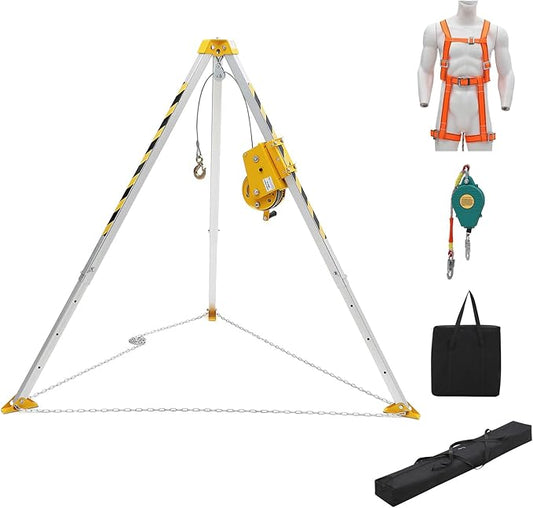 Confined Space Tripod Kit, 1200 Lbs Winch, 8' Legs & 98' Cable, Steel Confined Space Rescue Tripod with 33' Fall Protection, Harness, Storage Bag for Traditional Confined Spaces Safety