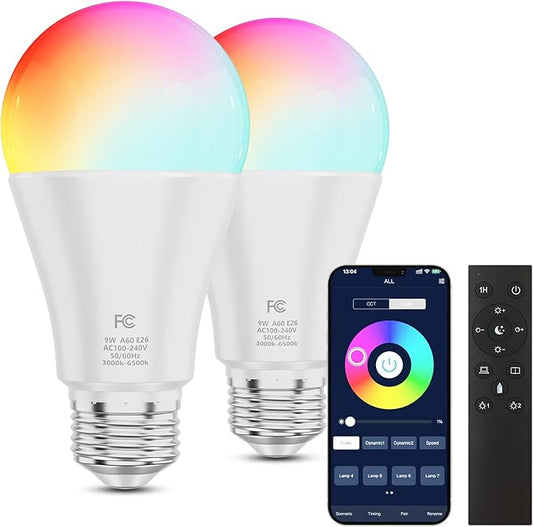 A19 Color Changing Light Bulb with Remote Control&App Control, 800LM 9W(60W Equivalent) Dimmable 3000K-6500K RGBWW,E26 Base 2.4GHz,Light Bulb for Home Decor,2Bulb&1Remote