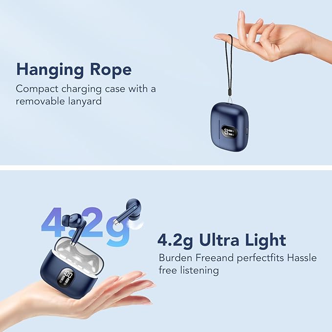Wireless Earbuds, 2025 New Bluetooth 5.4 Headphones HiFi Stereo with 4 ENC Mic, 40H Mini Ear Buds In-Ear Noise Cancelling Earbuds with LED Screen, Ultra Light Bluetooth Earphones Blue for Android iOS