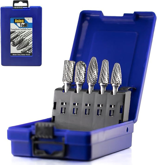 Carbide Burrs Set 5pcs with 1/4''Shank SB-5 SC-5 SF-5 SH-5 SL-4 Double Cut Solid Power Tool Rotary Files Bits for Die Grinder Metal Wood Carving Engraving Polishing Drilling Grinding Milling Cutting