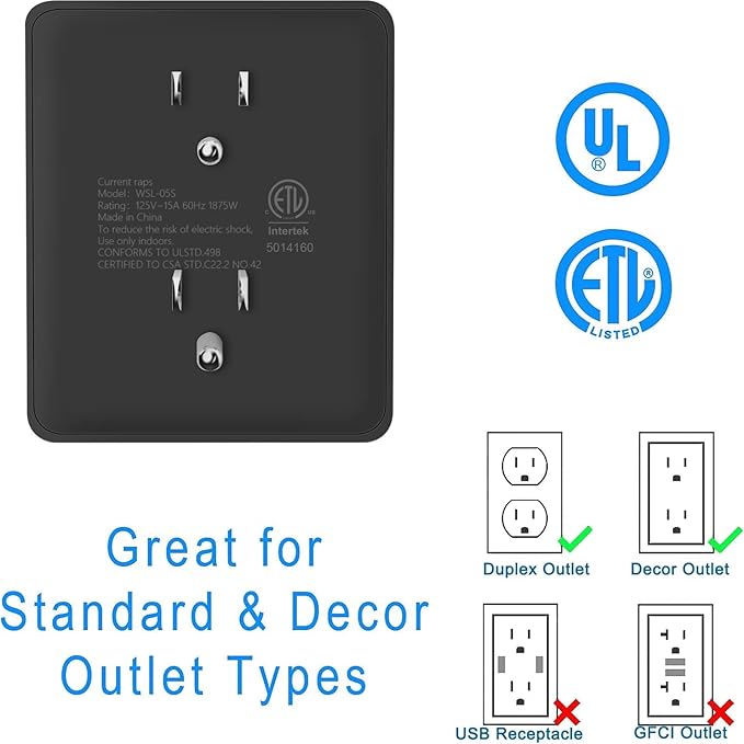 Outlet Extender, HICITY Multi Plug Outlet with 6 Electrical Outlets Adapter, 3-Prong Wall Outlet Tap for Cruise Ship Home Office Dorm, Black (2 Pack)