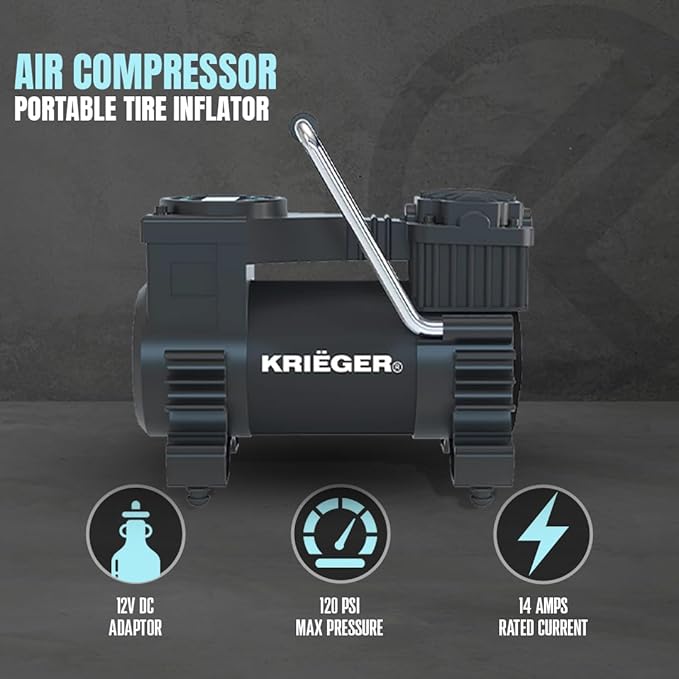 K KRIËGER Air Compressor Portable Tire Inflator 12V DC Air Pump for Car Tires with Digital Tire Pressure Gauge 120 Max PSI Preset Pressure Feature, LED, Digital Display Includes Storage Bag