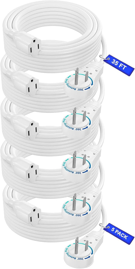 Maximm Extension Cord 35 Foot White Flat Plug, 360° Rotating Short Power Cord Single Outlet, Indoor 16 Gauge 3 Prong Grounded Wire UL Certified (35Ft White 5 Pack)