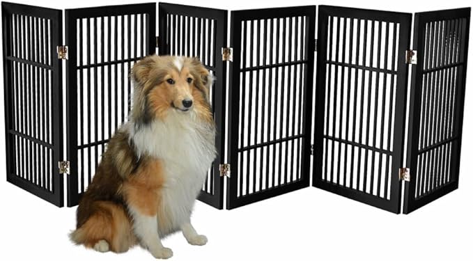 Pet Dog Gate Strong and Durable Freestanding Folding Acacia Hardwood Portable Wooden Fence Indoors or Outdoors by Urnporium (Black Pet Gate, 6 Panel 30" Tall)