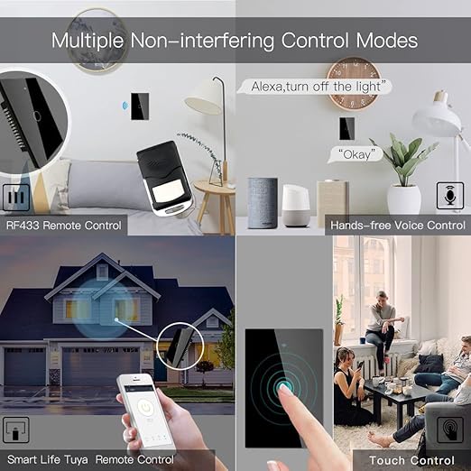 MOES 2.4GHz WiFi Wall Touch Smart Switch Neutral Wire Required, 3 Way Multi-Control, Glass Panel Light Switch Work with Smart Life/Tuya App, RF433 Remote Control, Alexa and Google Home Black 1 Gang