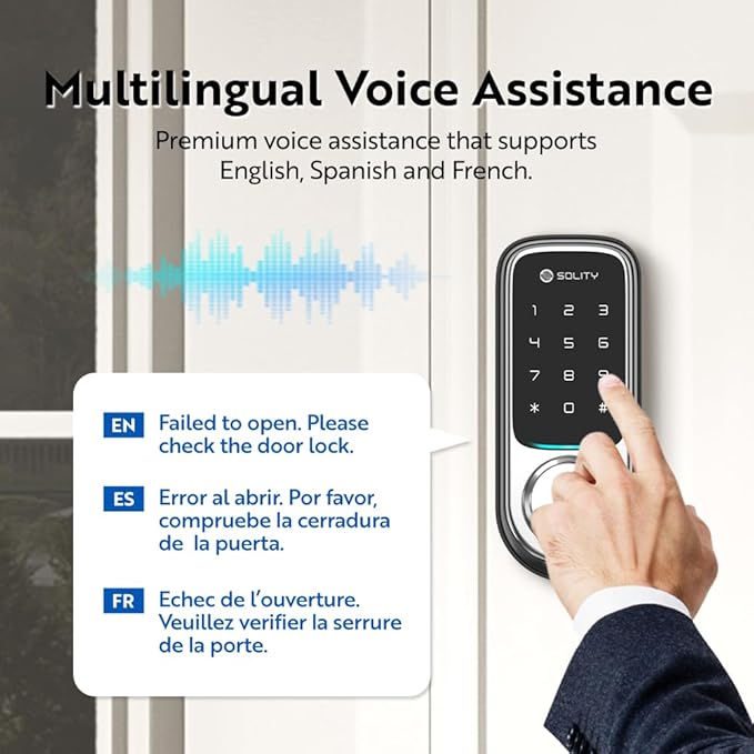 Solity No-Hub Smart Digital Door Lock, Designed in Korea, Keyless Entry, Wi-Fi, Remote Control, Touchscreen Keypad, Auto Lock, IP54 Waterproof GT10K Keypad (Satin Nickel)
