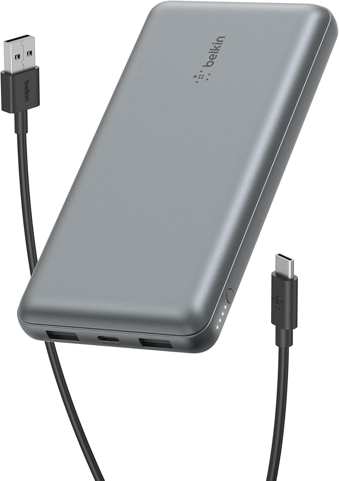 Belkin Portable Charger, USB C Power Bank 20000 mAh w/ 2 USB-A Ports, 15W w/A to C Cable for iPhone 17, Air, Pro, Pro Max, Samsung Galaxy S25, iPad, Nintendo Switch 2, Google Pixel 10, etc. - Gray