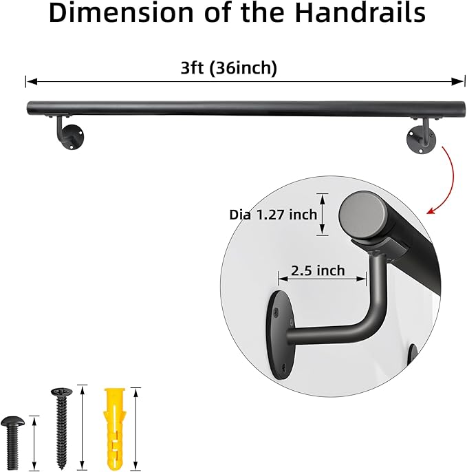 36 Inch No-Slip Black Stair Railing Indoor - 3 FT Inside Staircase Handrail, Outdoor Steps Hand Rails, Deck Banister Rail, Safety Grab Bar for Eldely