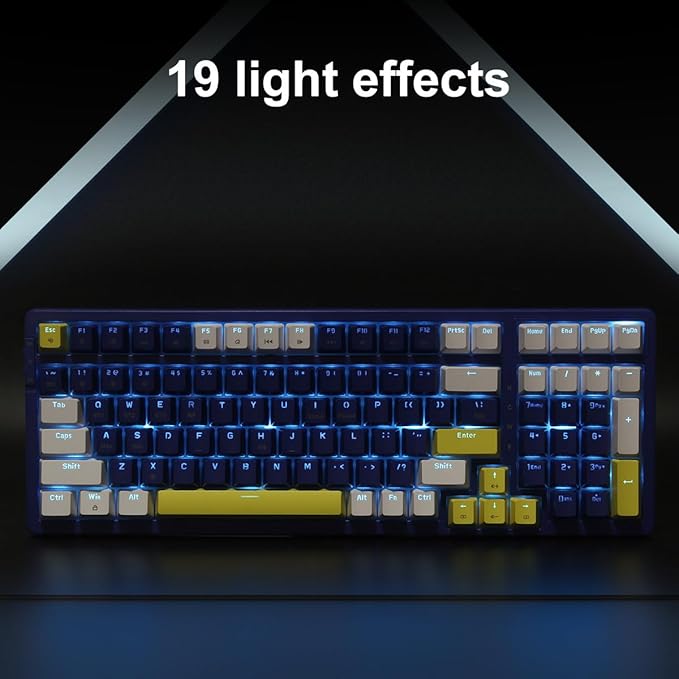 Wireless Mechanical Keyboard, Triple Mode 2.4G/USB-C/BT Gaming Keyboards 100 Keys Ice-Blue Backlit, Brown Switch Keyboard | Rechargeable Mechanical Gaming Keyboards | Blue/White/Yellow