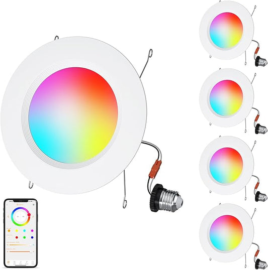 5/6 Inch Smart LED Recessed Lights 4Pack,LED Can Lights Retrofit RGB Recessed Lighting,13W1050LM,2700K-6500K Color Changing Compatible with Alexa,Living Room,Bedroom,Kitchen
