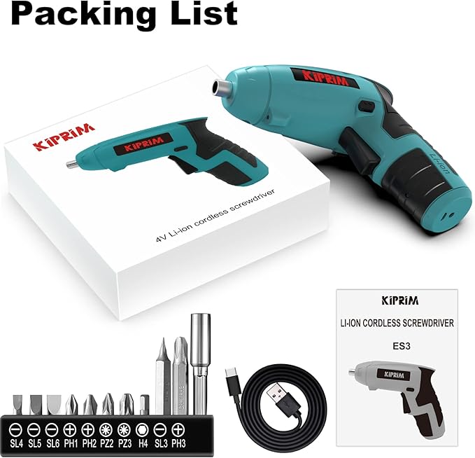 Small 4V Electric Screwdriver,Kiprim ES3 Cordless Screwdriver Tool with Rechargeable Battery,LED Front Light & Power Display Light for Home DIY Blue