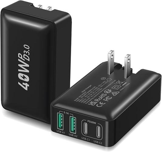 Excgood USB C Charger Block 40W, 4-Port Flat USB Wall Charger Adapter Multiport Dual PD+QC Foldable Slim Fast Charging Plug Compatible for iPhone 16 15 Pro Max 14 13 iPad Watch Galaxy S23,2Pack Black