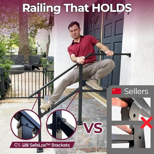 CHR Fence & Rail Hand Rails for Outdoor Steps Extension, 4ft Rectangular Handrail Extension to Wall, Handrails for Step Landings Ideal for Porch, Deck, & Stair Railing Indoor & Outdoor