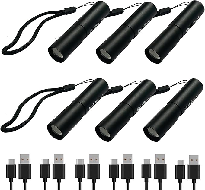 Rechargeable Mini LED Flashlights, 6pcs High Brightness Flash Light with Lithium Battery 3 Mode XPE 1200 Lumen Waterproof Zoomable Torch with USB Cable for Camping, Hiking, Riding, etc