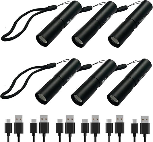 Rechargeable Mini LED Flashlights, 6pcs High Brightness Flash Light with Lithium Battery 3 Mode XPE 1200 Lumen Waterproof Zoomable Torch with USB Cable for Camping, Hiking, Riding, etc