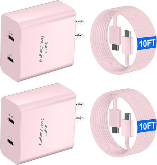 45W USB-C Super Fast Charger, 2-Port 45 Watt Type C Charger Fast Charging Block with 10FT USB C Cable Cord for Samsung Galaxy S25 Ultra/S25+/S25/S24/S23 Ultra/S23+/S22 Ultra/S22+/S20 Ultra-Pink