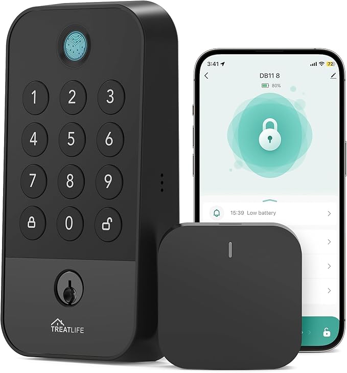 TREATLIFE Smart Door Lock with WiFi Bluetooth Gateway, Keyless Entry Door Lock with Code, Fingerprint and Keypad Deadbolt for Front Door, App Remote Control, Auto Lock, Black