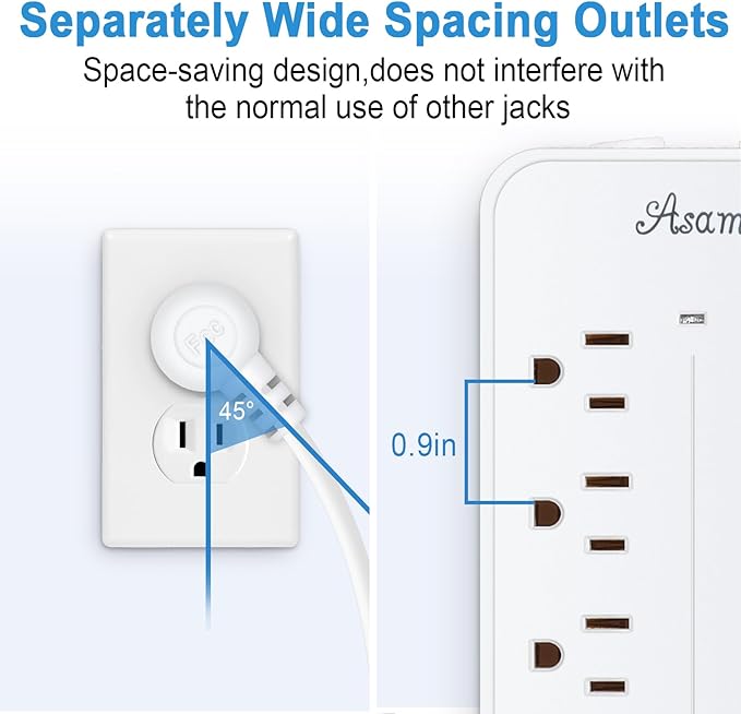 15FT Surge Protector Power Strip Extension Cord with USB C, Flat Plug Power Strip with Long Cord,8 Outlets and 4 USB Port,1700J Wall Mount Desk Multiple Outlets for Home Office White ETL Listed ﻿