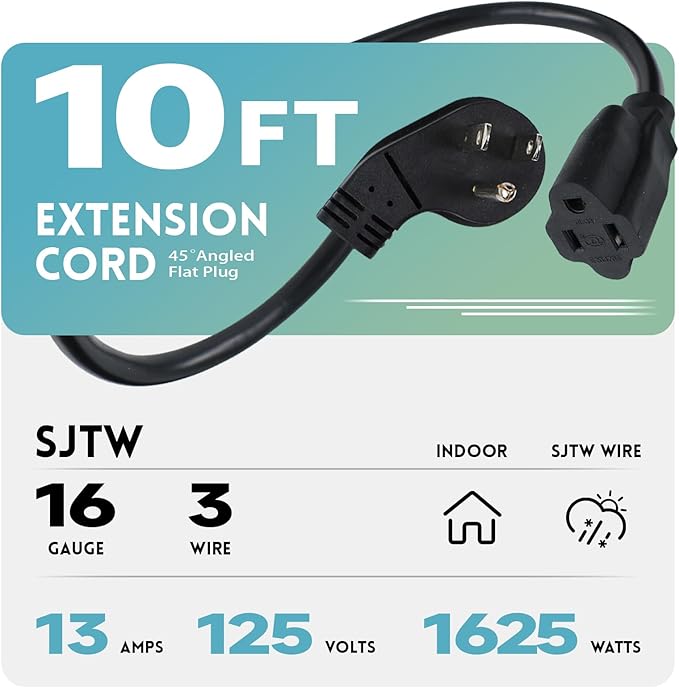 EP 10 Ft Flat Plug Extension Cord, 16 AWG 3 Prong Grounded Black Low Profile Extension Cable for Indoor, UL Listed