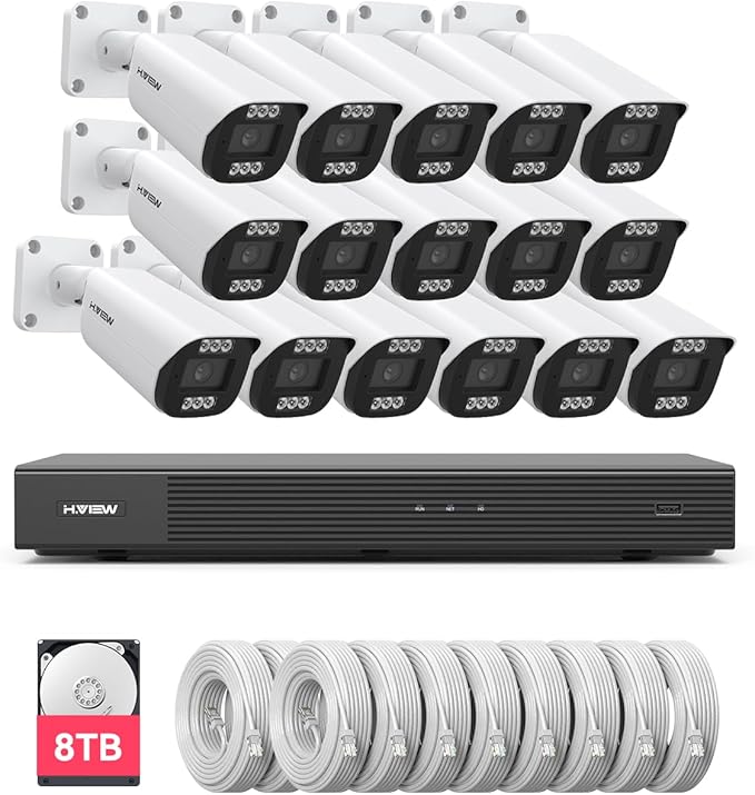 H.VIEW 4K 16 Channel Security Camera System 8TB Ultra Large HDD,16Pcs CCTV Camera Kits PoE 8MP Outdoor Bullet Wired Surveillance Video with Audio,16CH 4K H.265 NVR for 7/24 Recording