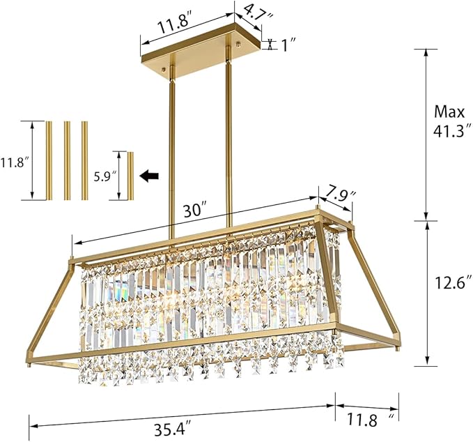 Crystal Chandelier Light for Dining Room, 4-Light Trapezoidal Industrial K9 Crystal Pendant Lights with Brushed Gold Metal Frame Pendant Lamp for Kitchen Island Living Room Entryway (Gold)