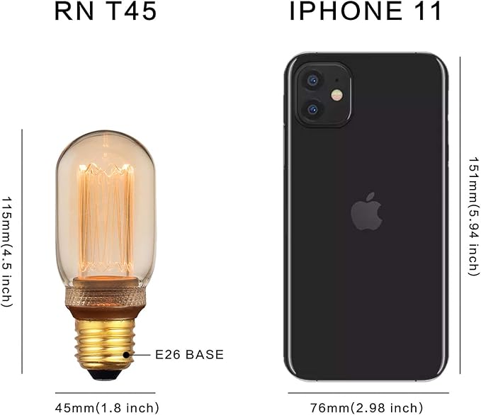 Decorative Light Bulb, Vintage Edison Small Bulb, Dimmable LED Short Tubular Bulb, 3.5W Low Lumen Eye-Caring Soft Dim Lighting for Mood(Not Daylight White), E26 Medium Base, Amber RN T45