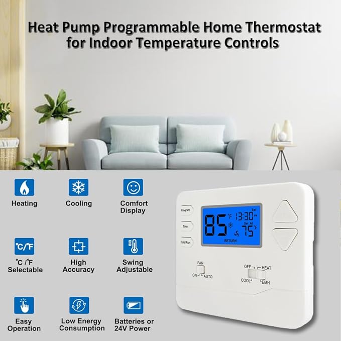 Thermostat for Heat Pump,Programmable Thermostat for Home,Single-Stage Systems,2 Heat/1 Cool Heat Pump Or 1 Heat/1 Cool,Easy DIY Install,Blue Backlight