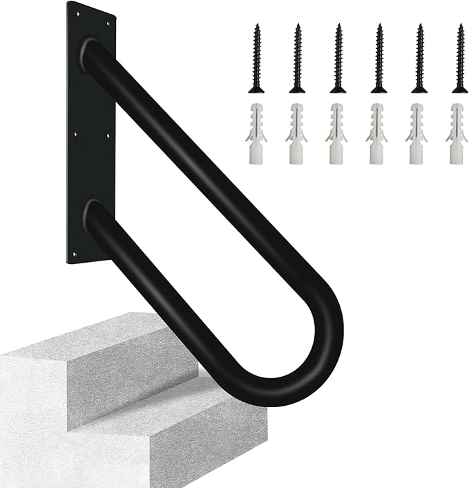 Outdoor Handrail for 1-2 Steps, 12" Length Wall Mount Stair Railing, 500LBS Strong U-Shaped Safety Grab Bar, Matte Black Metal