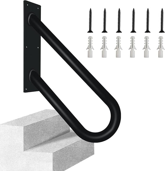 Outdoor Handrail for 1-2 Steps, 12" Length Wall Mount Stair Railing, 500LBS Strong U-Shaped Safety Grab Bar, Matte Black Metal