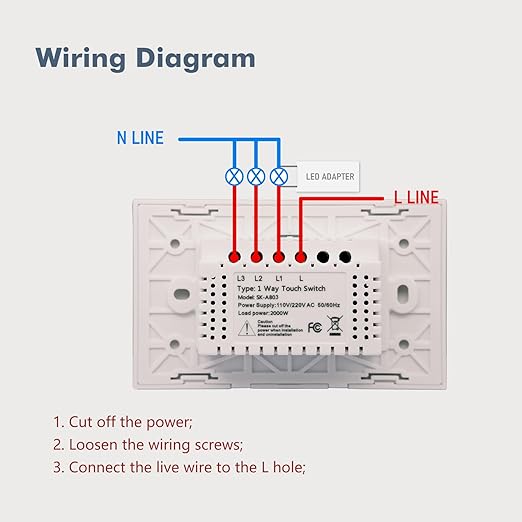 Light Switch No Neutral Wire,Single Live Wire Light Switch No WiFi,Tempered Glass Panel,Total Power Maximum 1000W,FCC Certification,White 3 Gang