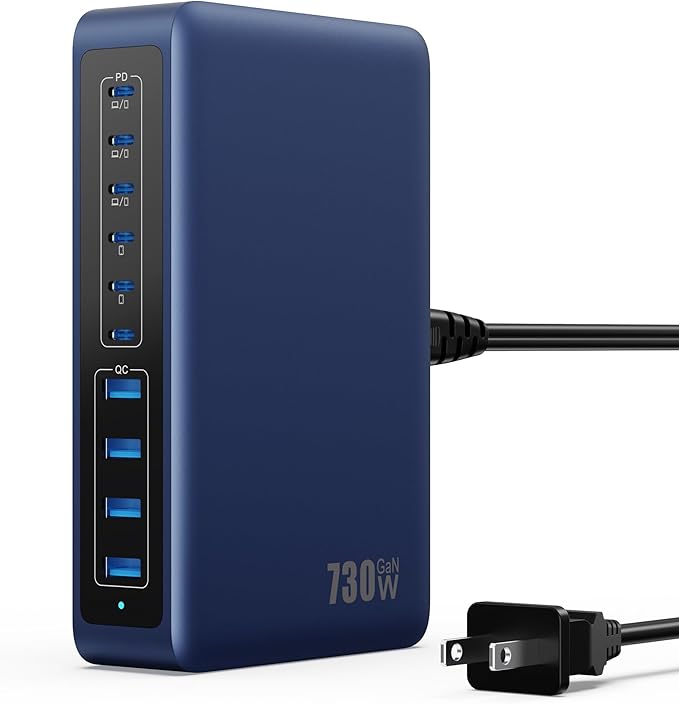 730W USB C Charger Block,10-Ports GaN V Fast Charging Station Hub,QC4.0+3 PD 100W Laptop Charger Wall Power Adapter for MacBook Pro/Air,DELL,iPhone 16/15/14/13,iPad,Galaxy S25,Pixel,Steam Desk-Navy
