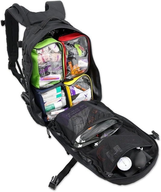 Lightning X Stocked Modular Trauma & Bleeding First Aid Responder Medical Backpack + Kit + Hydration Bladder - BLACK